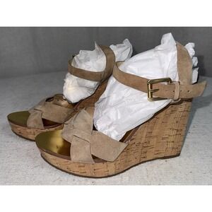 Michael Kors MK Women's Sz 9 Suede Leather Cork Wedge Heels Sandals Tan Taupe